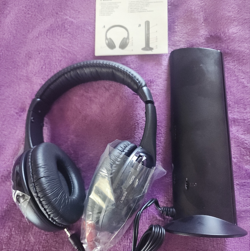 Black Wireless Headphones with Charging Stand ~ FOR THE HEARING IMPAIRED